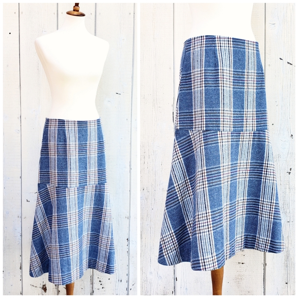 NWT En Maison Check Blue Plaid High Waist Wool Blend Skirt Size L
